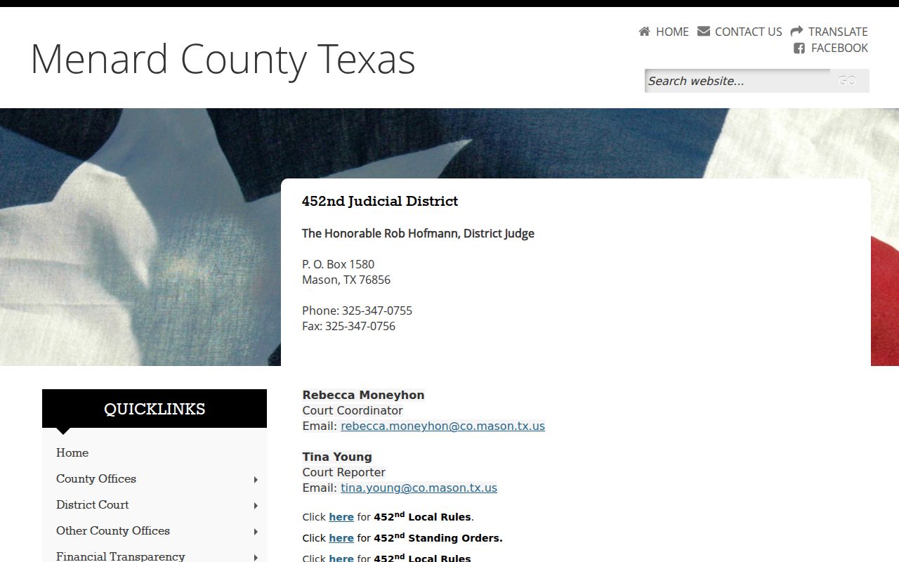 Official 452nd Judicial District Court page for Menard County