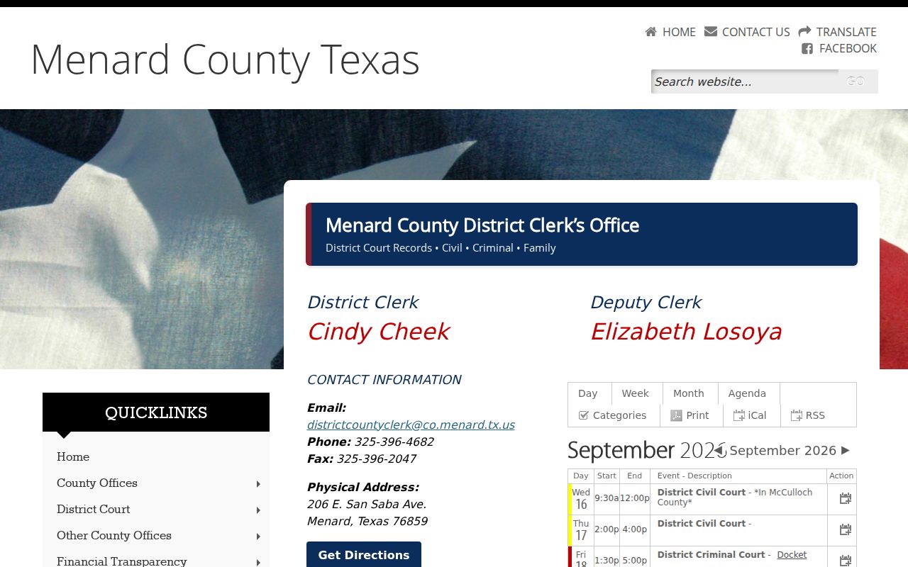 Menard County District Clerk page with district criminal-record contact details