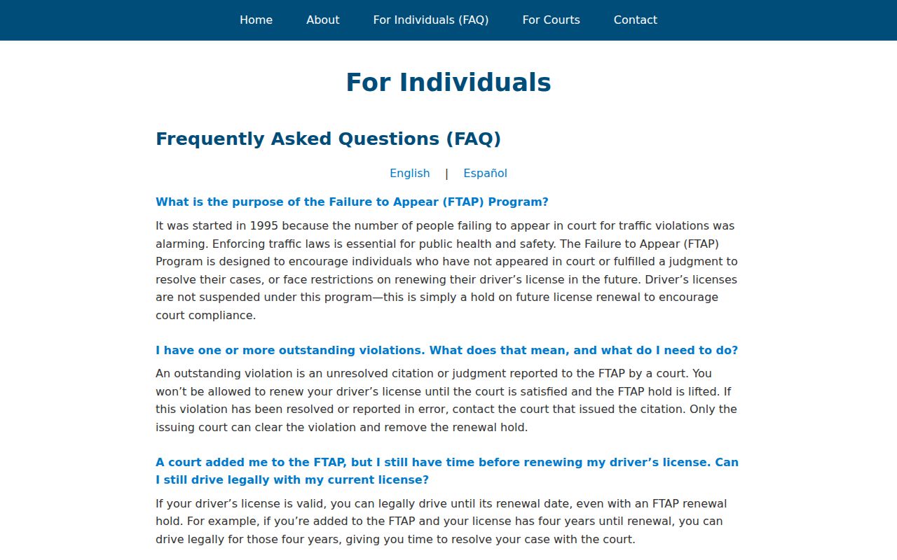 OmniBase FTA program information distinguishing violations from warrants