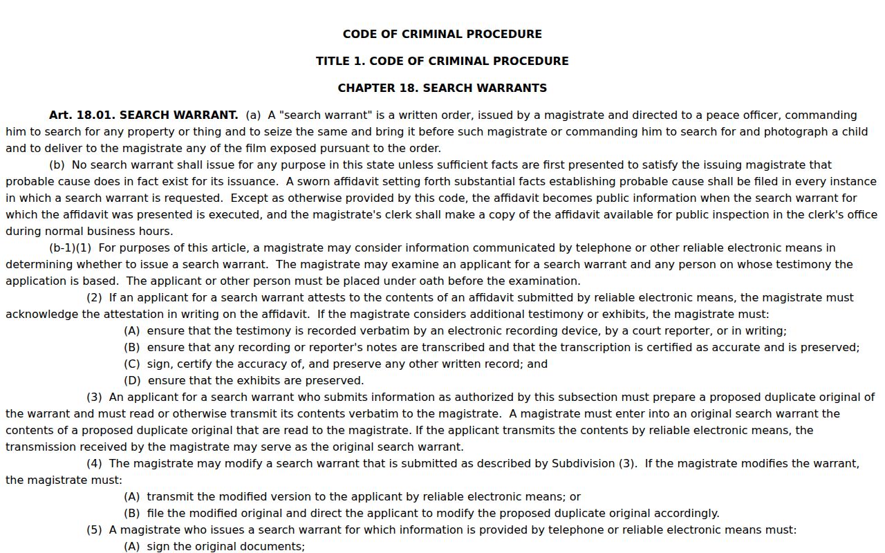 Texas Code of Criminal Procedure Chapter 18 search-warrant standards and affidavit rules