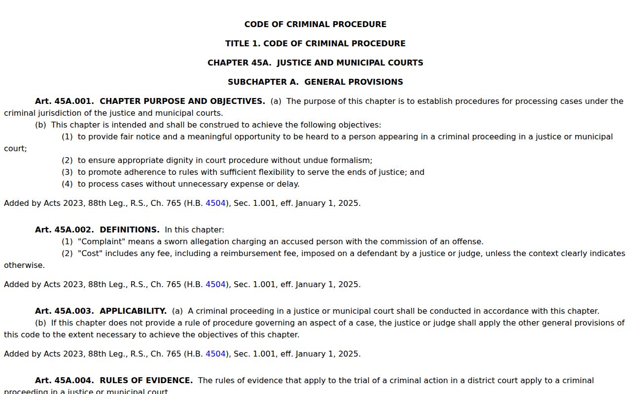 Texas arrest warrant provisions in Code of Criminal Procedure Chapter 45A