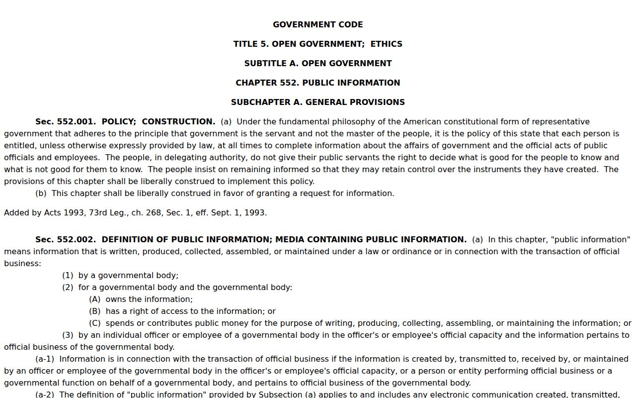 Texas Public Information Act page covering public records requests
