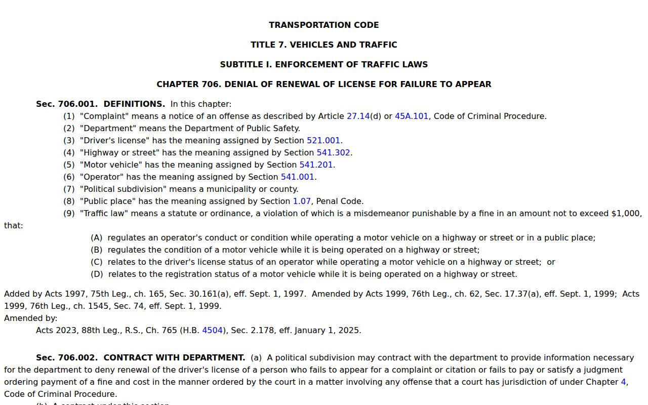 Texas Transportation Code Chapter 706 on failure-to-appear license renewal holds