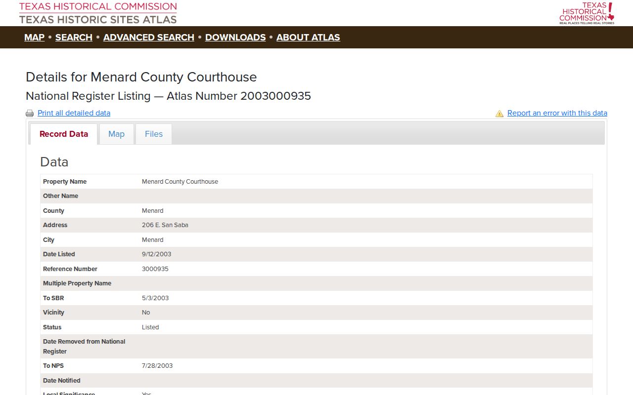 Historic Menard County courthouse in the Texas Historical Commission Atlas