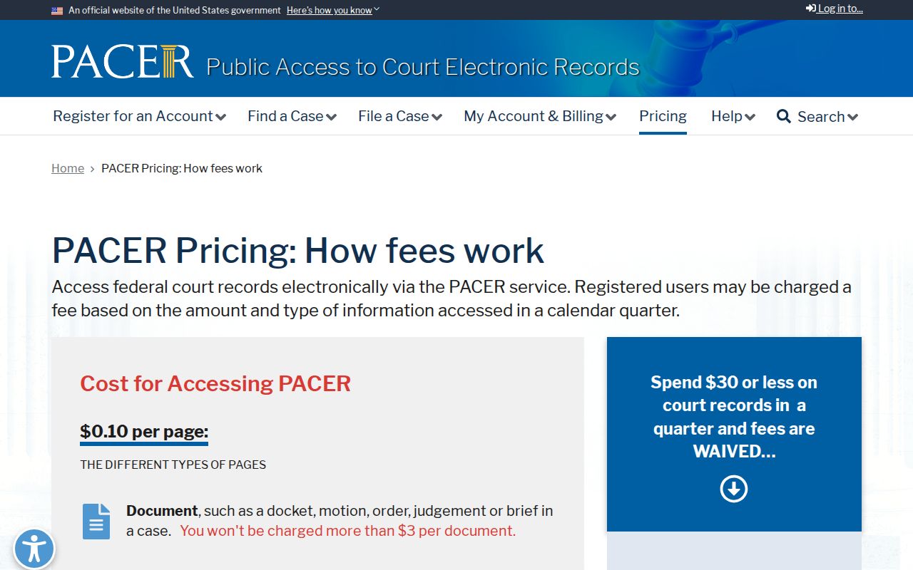 PACER official page explaining federal docket access fees and waivers