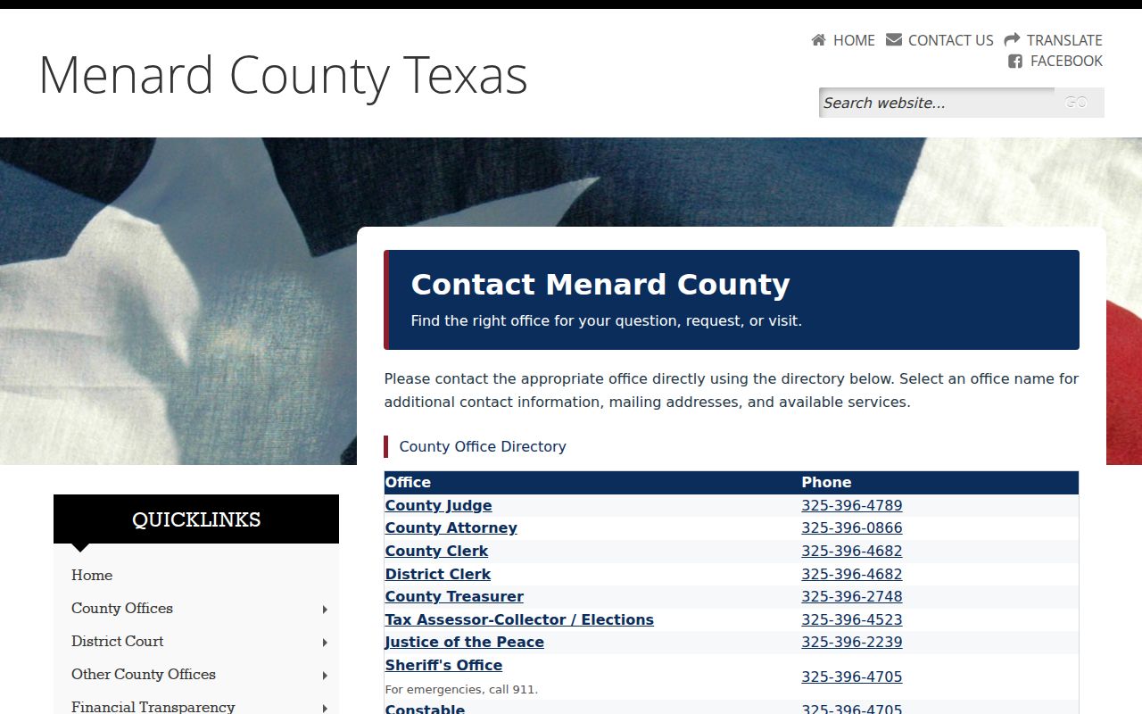 Menard County contact directory listing the sheriff, constable, Justice of the Peace, and clerk offices