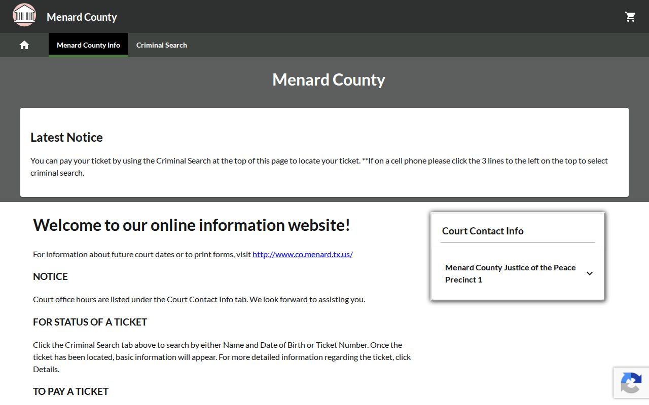 County-linked GovRec landing page for Menard JP fee payments