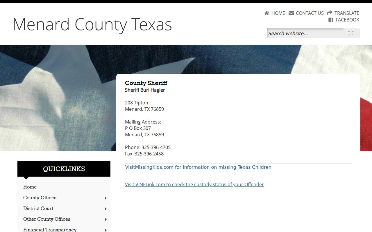 Menard County Sheriff contact page with office details and custody link